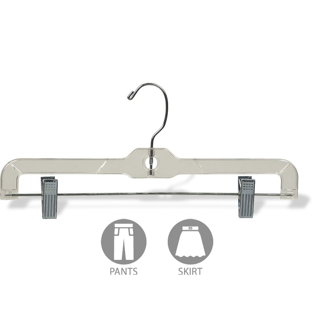 Clear Plastic Kids Bottom Hanger, Box of 100 Small 12 inch Space Saving Pant Hangers with 360 Degree Chrome Swivel Hook by International Hanger