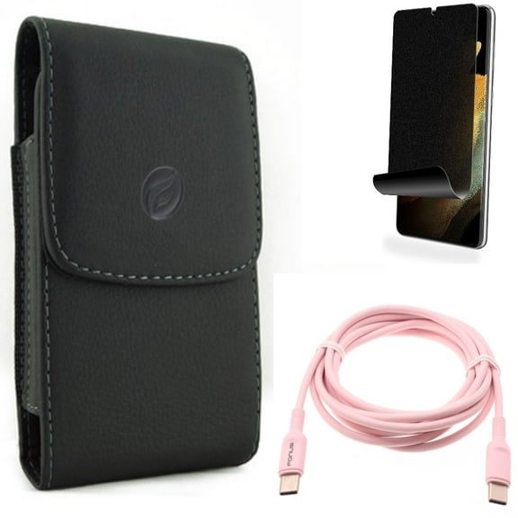 Privacy Screen Protector & Case Belt Clip & Pink 6ft Long Cable for Samsung Galaxy S21 Ultra Phone - TPU Film Fingerprint Works & Leather Holster & USB-C to Type-C PD Fast Charger Accessory Bundle