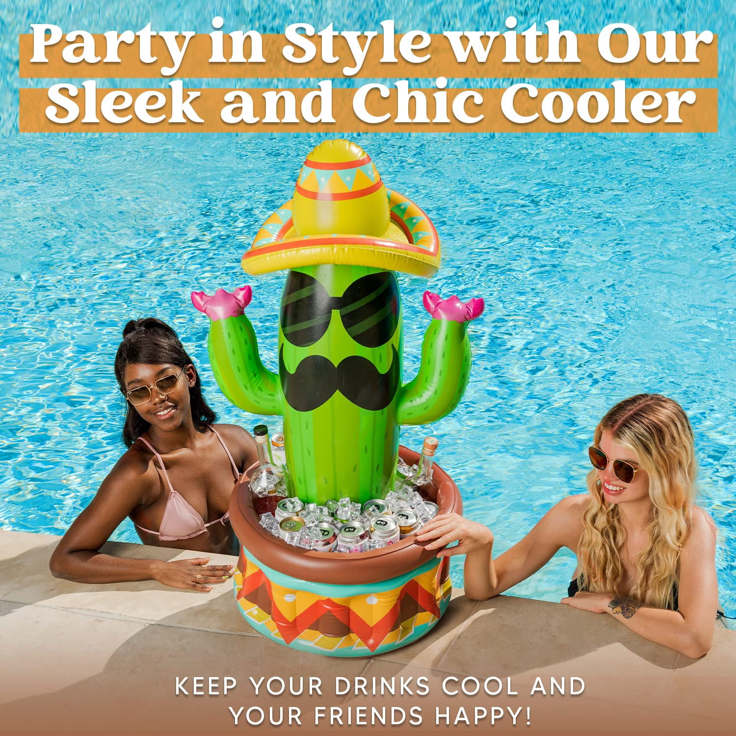 Joyfy 36" Inflatable Cactus Cooler with Sombrero Hat for Fiesta, Pool Party Decoration, Cinco de Mayo Party Supplies