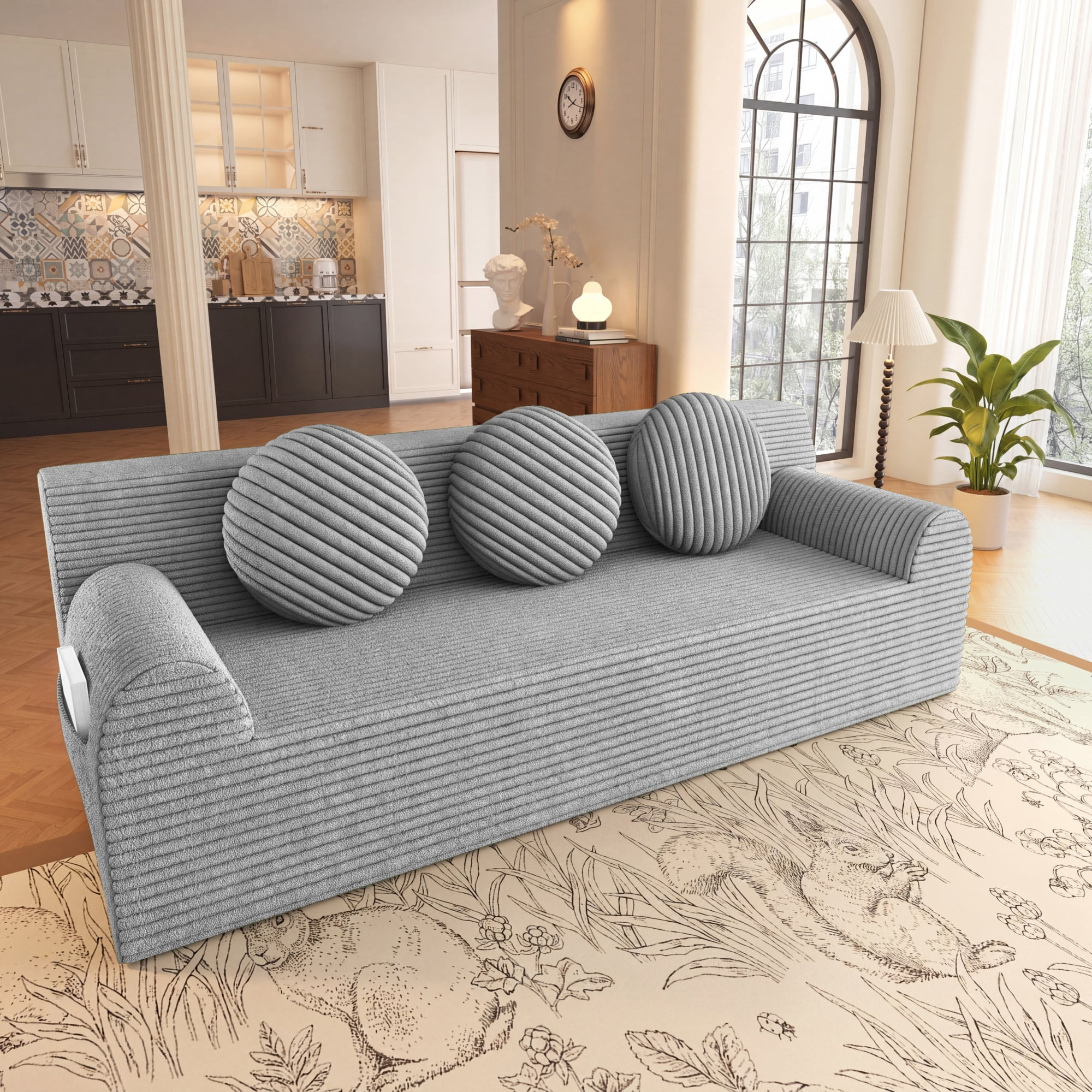HOQBN Boneless Sofa Couch for Living Room,71" 3 Seater Sofa with Deep Seat Design and 3 Round Pillows,Comfy Corduroy Fabric Loveseat Couch,No Assembly,Light Gray