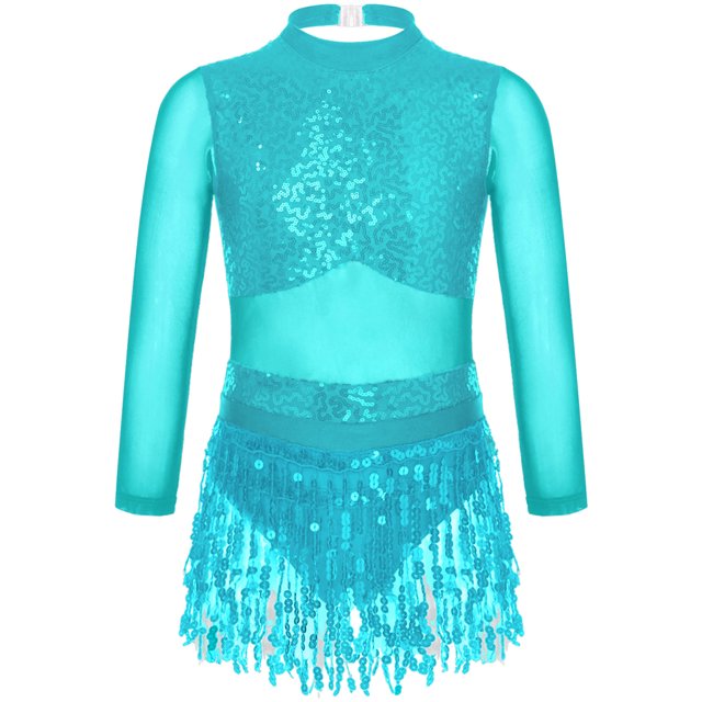 Venjoe Robe de Danse Latine à Manches Longues pour Filles Jupe à Sequins Tutu Justau Ballet Bleu Clair 12