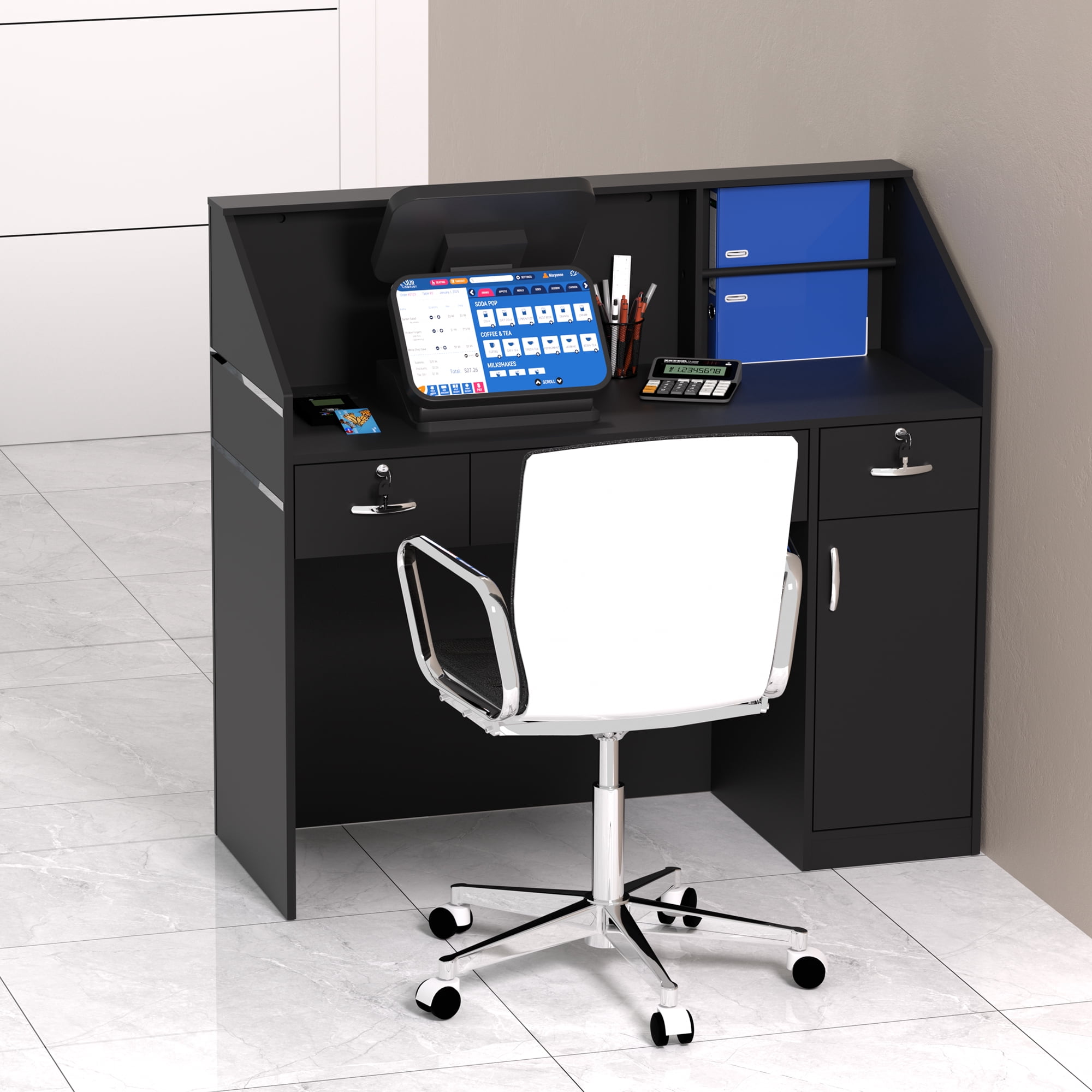 HARIPUL 50-inch Reception Desk with Counter, Front Desk Office Desk with Storage Shelves, Black