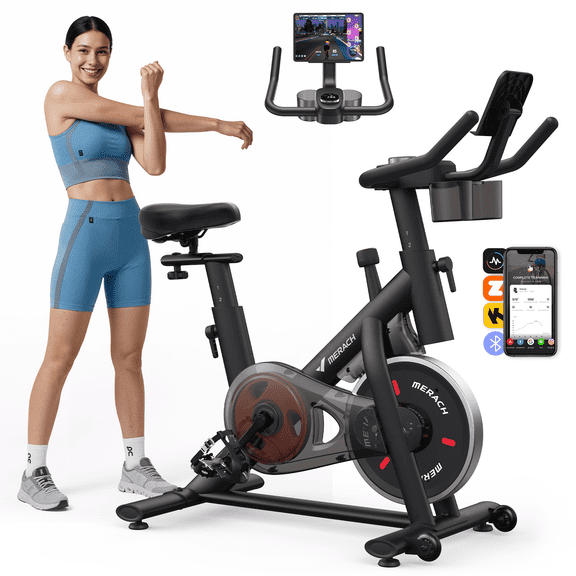 MERACH Stationary Exercise bike with Exclusive Free APP, Indoor Cycling Bicycle with 330lbs Weight Capacity, Silent Belt Drive and Comfortable Seat Cushion for Home Cardio Workout 35 Lbs Flywheel