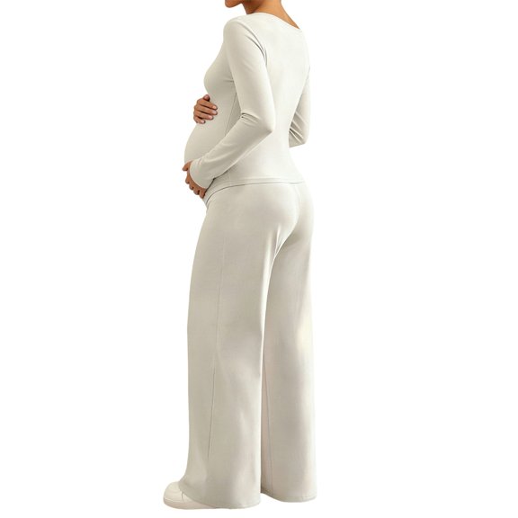 Gyujnb Asymmetrical Neck Long Sleeve Nursing Maternity Set Solid Soft Knit Full Over Belly Straight Wide Leg Pants 2 Piece Matching Outfit Postpartum Daily Pregnancy Loungewear,XL