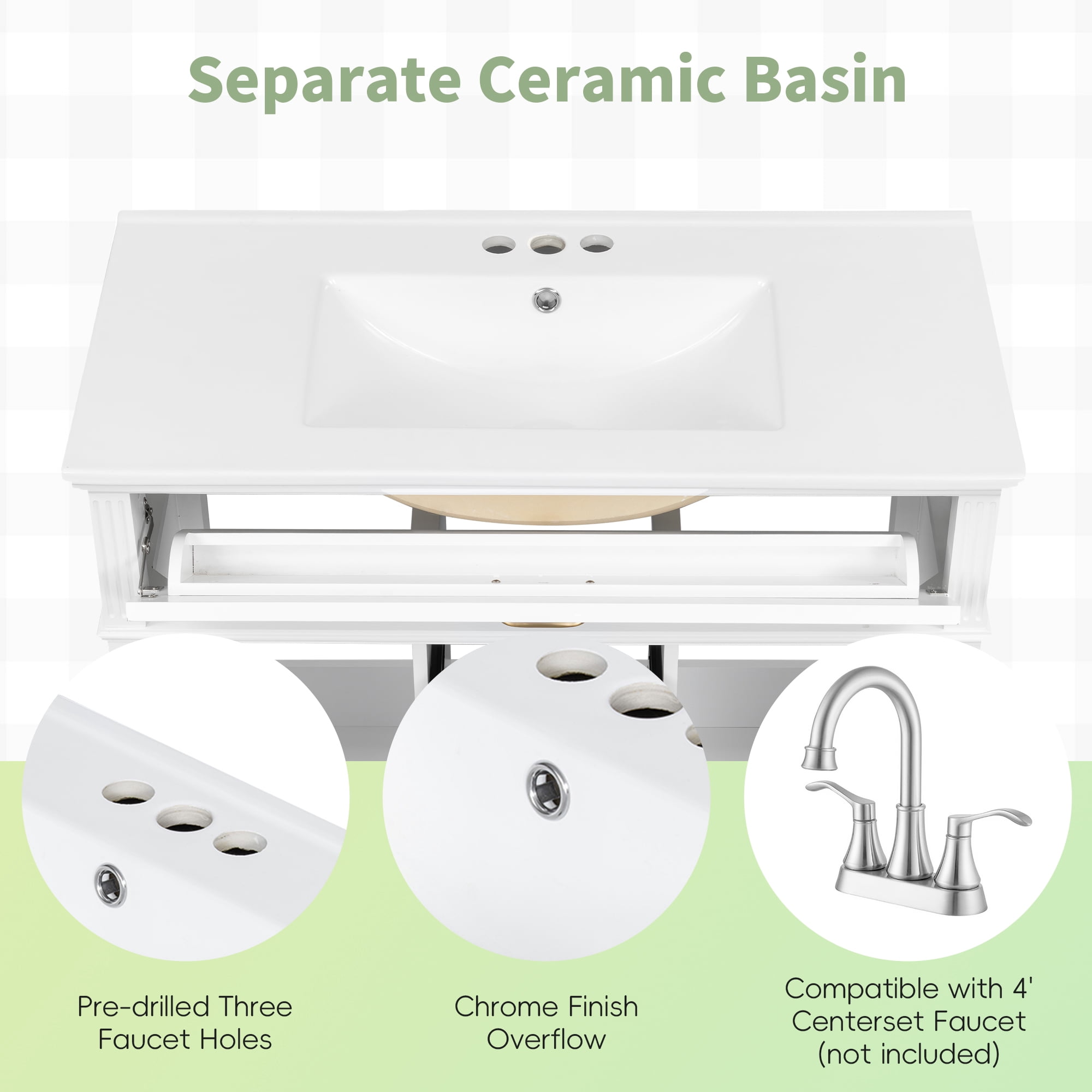 Euroco 36 Inch Bathroom Vanity with Sink Combo, White Freestanding Cabinet with Ceramic Basin, MDF + Solid Wood Frame, Flip-Out Top Drawer, Soft Close Doors, 2 Storage Drawers, Golden Handles