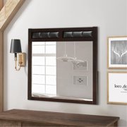 Benjara Rectangular Wooden Frame Mirror with Leatherette Panels, Brown