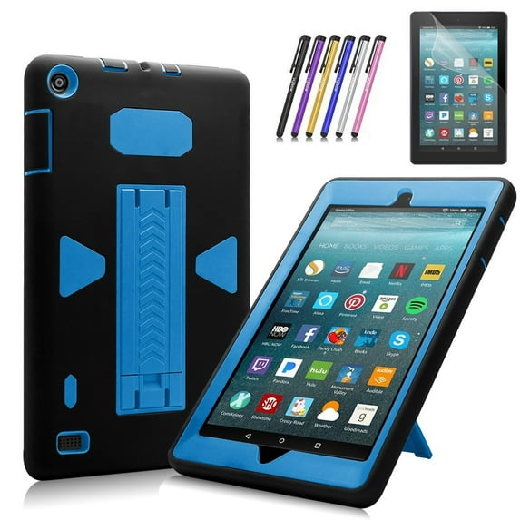 Fire 7 2017 Case, Mignova Heavy Duty Shock-Proof Protective Case Build In Kickstand For All-New Fire 7 Tablet (7th Generation 2017 Release) + Screen Protector Film and Stylus Pen (Black / Indigo Blue)