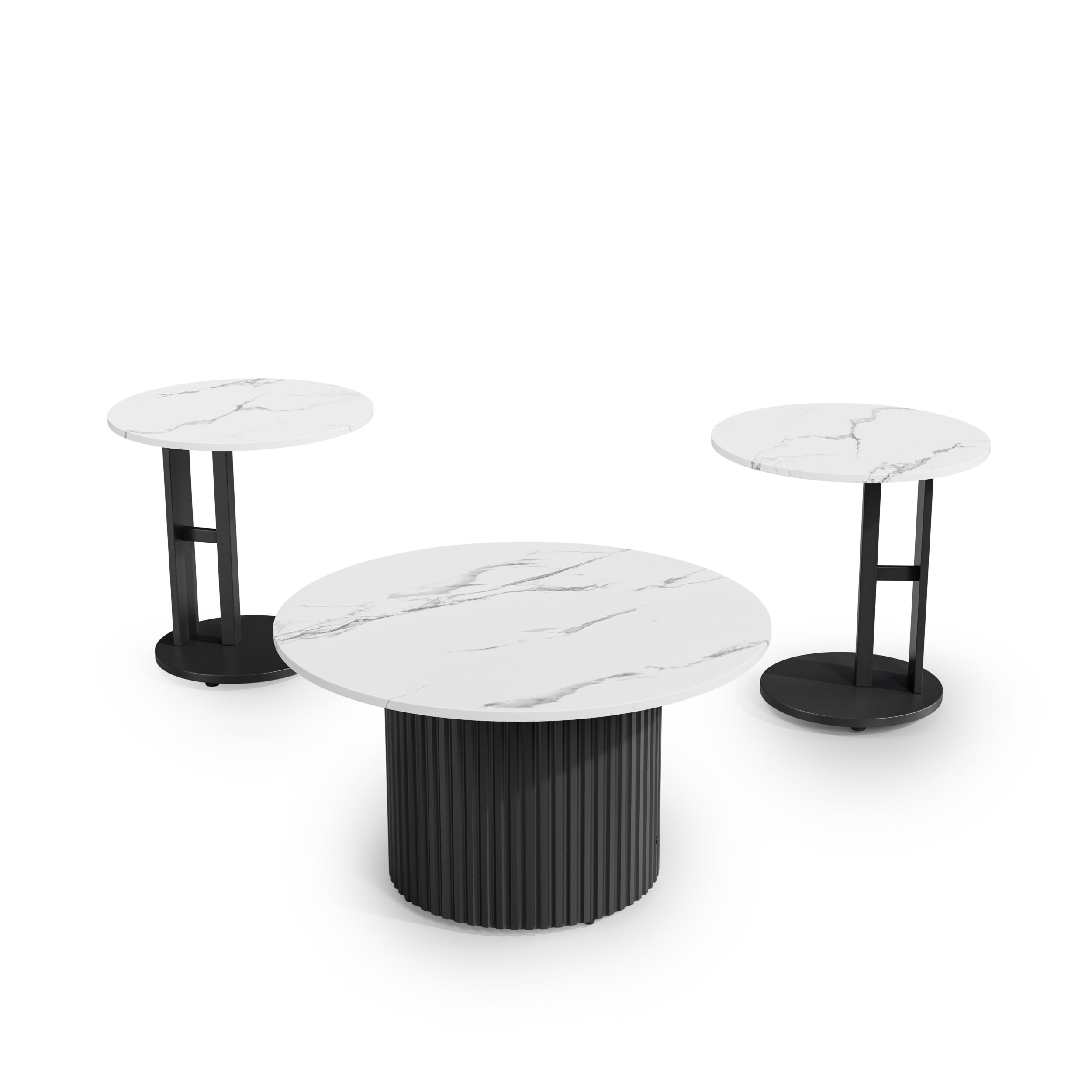 Astoutdoor Coffee Table Set of 3, Modern Nesting Tables with Faux Marble Top and Metal Legs, Round Coffee & Side Tables with Ribbed Design for Living Room, Small Space Apartment
