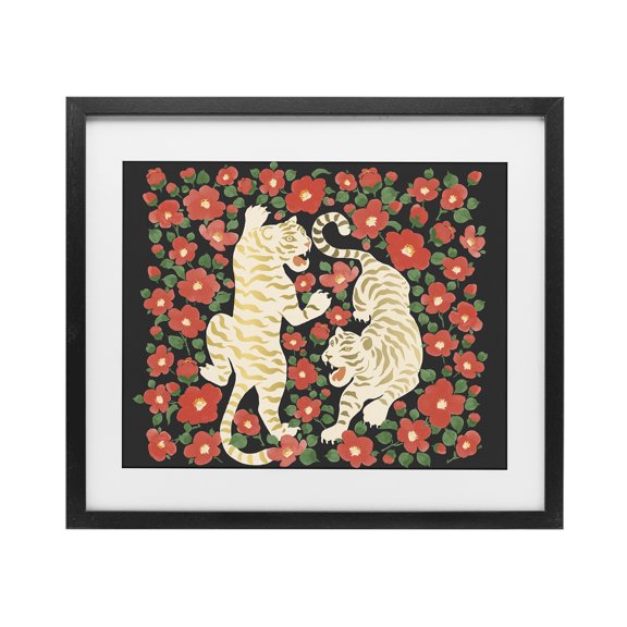 Stupell Industries Eclectic Ivory Twin Tigers Among Flowers Black Framed Print Under Glass, 16 x 13, by Karolina Sato