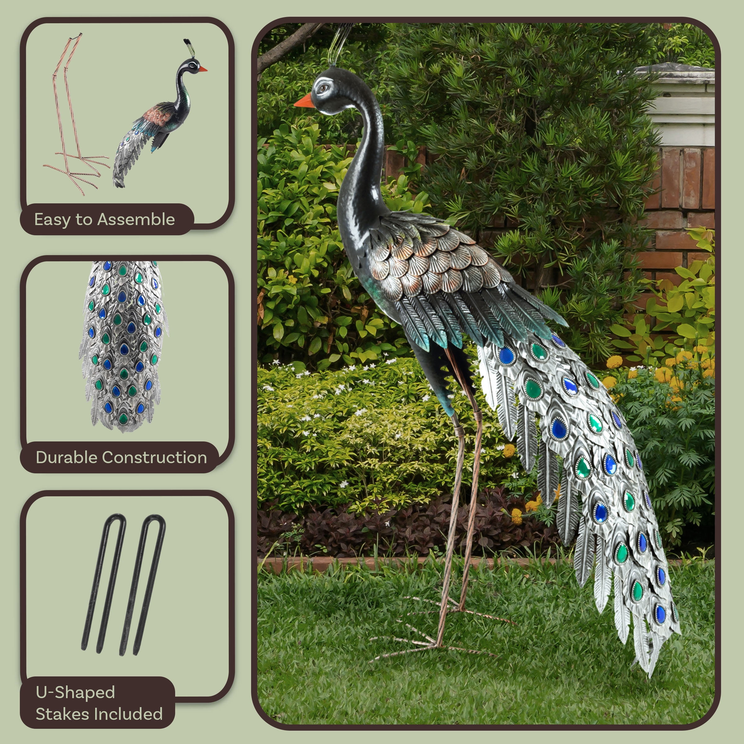 Pure Garden 37” Outdoor Peacock Garden Statue - Metal Yard Art Garden Décor
