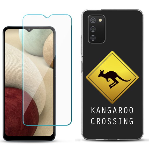 Slim-Fit TPU Phone Case Compatible with Samsung Galaxy A02s, with Tempered Glass Screen Protector, by OneToughShield ® - Road Sign Kangaroo