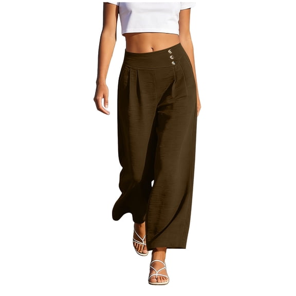 Hurxie Womens High Waisted Button Pleated Wide Leg Pants Beach Vacation Trouses Brown,S