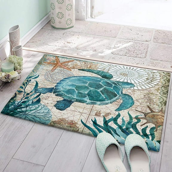 Sea Turtle Bath Rug,Nautical Starfish Area Rugs Water Absorption Doormat,Vintage Ocean Map Non Slip Bath Mat Carpet,Seagrass Soft Flannel Fluffy Plush Door Mats for Bathroom Kitchen Bedroom 18×30in