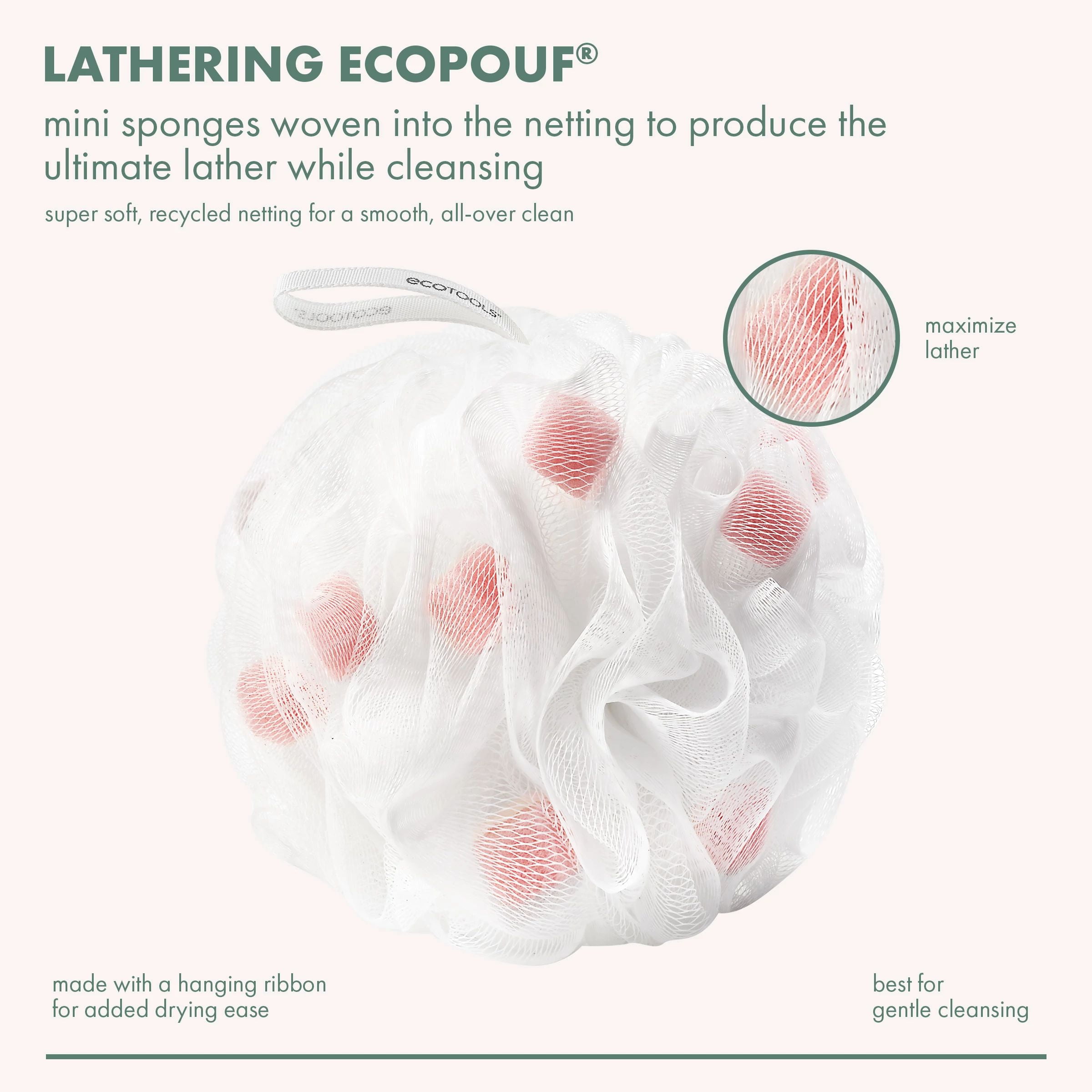 EcoTools Lathering Bath Pouf, White & Pink Loofah for Cleansing, for Adults, 1 Count