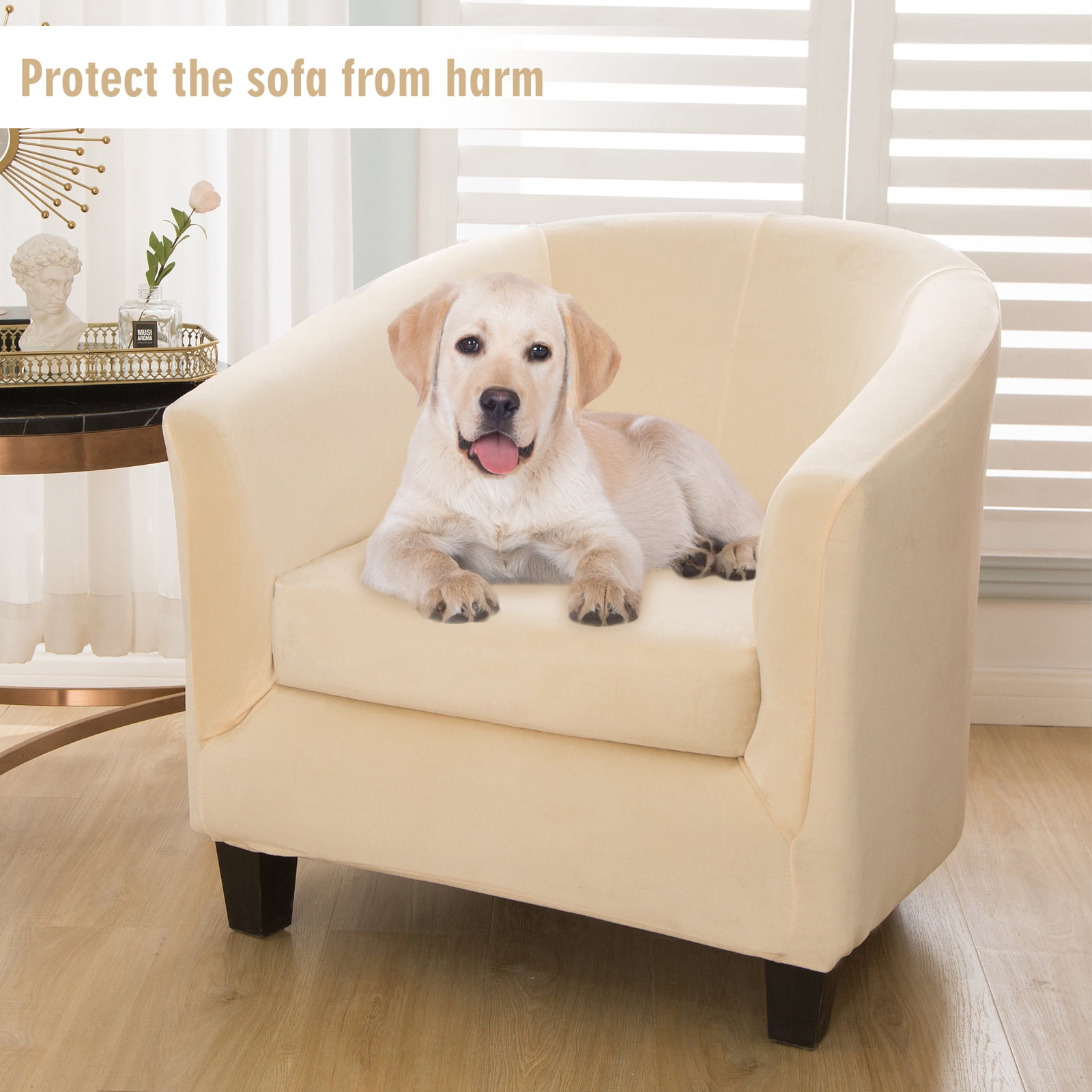 SHANNA Velvet Tub Chair Covers, 2 Pieces Stretch Modern Armchair Slipcovers Non Slip Sofa Couch Slipcover for Club Bar Counter Living Room Reception,With Separate Cushion Cover, Beige, 1 Pack