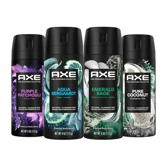 AXE Vaporisateur Corporel Parfumé Pack Varié 4 Pack Essentiels Quotidiens - Sauge Émeraude, Bergamote Aqua, Patchouli Violet, Noix de Coco Pure Sans Aluminium 4 oz