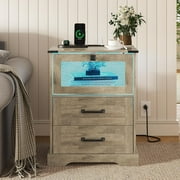 Nightstands with USB Ports & Power Outlets,Farmhouse Bedside Table with 2 Drawers&LED Lights for Bedroom,Gray