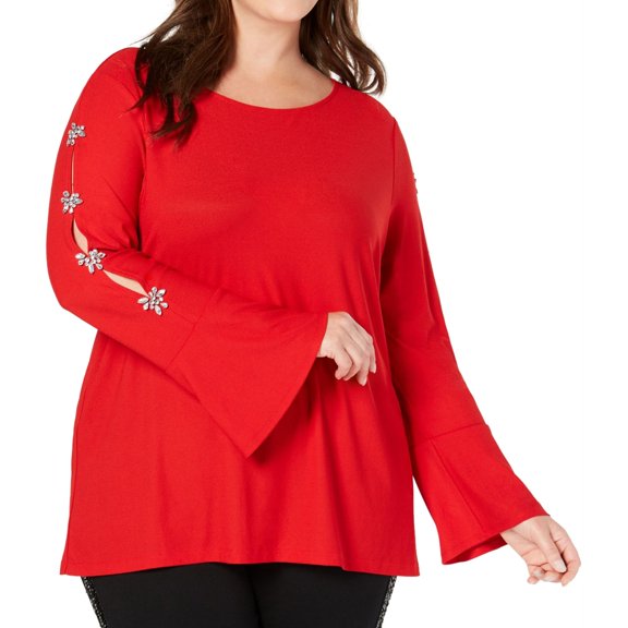 I.N.C Womens Embellished Sleeve Pullover Blouse, Red, Plus Size, 0X