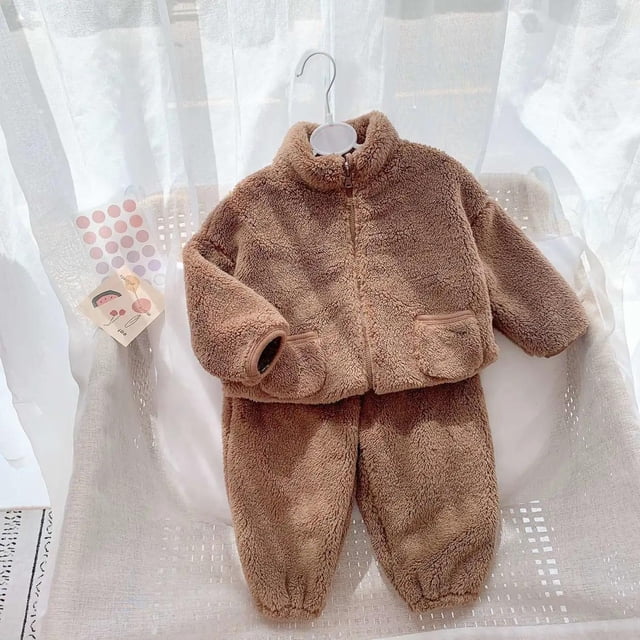 Traje de otoño e invierno para niños, franela con forro polar, grueso, cálido, elegante, ropa de casa, pijama, traje de dos piezas para niños y niñas