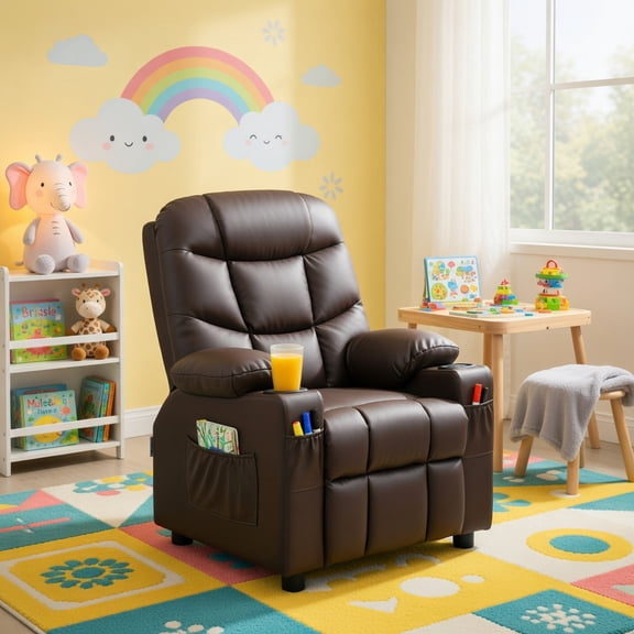 Resenkos Kids Recliner Chair with Cup Holder and Footrest for Children-Brown, Kids Chairs for Kids