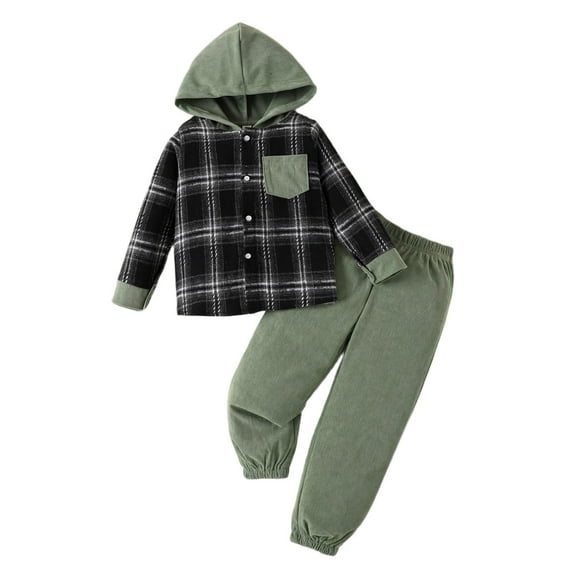 xaoyunyn Kids 2 Piece Outfits Lapel Button Down Long Sleeve Plaid Top Corduroy Long Pant Set 2-7 Years