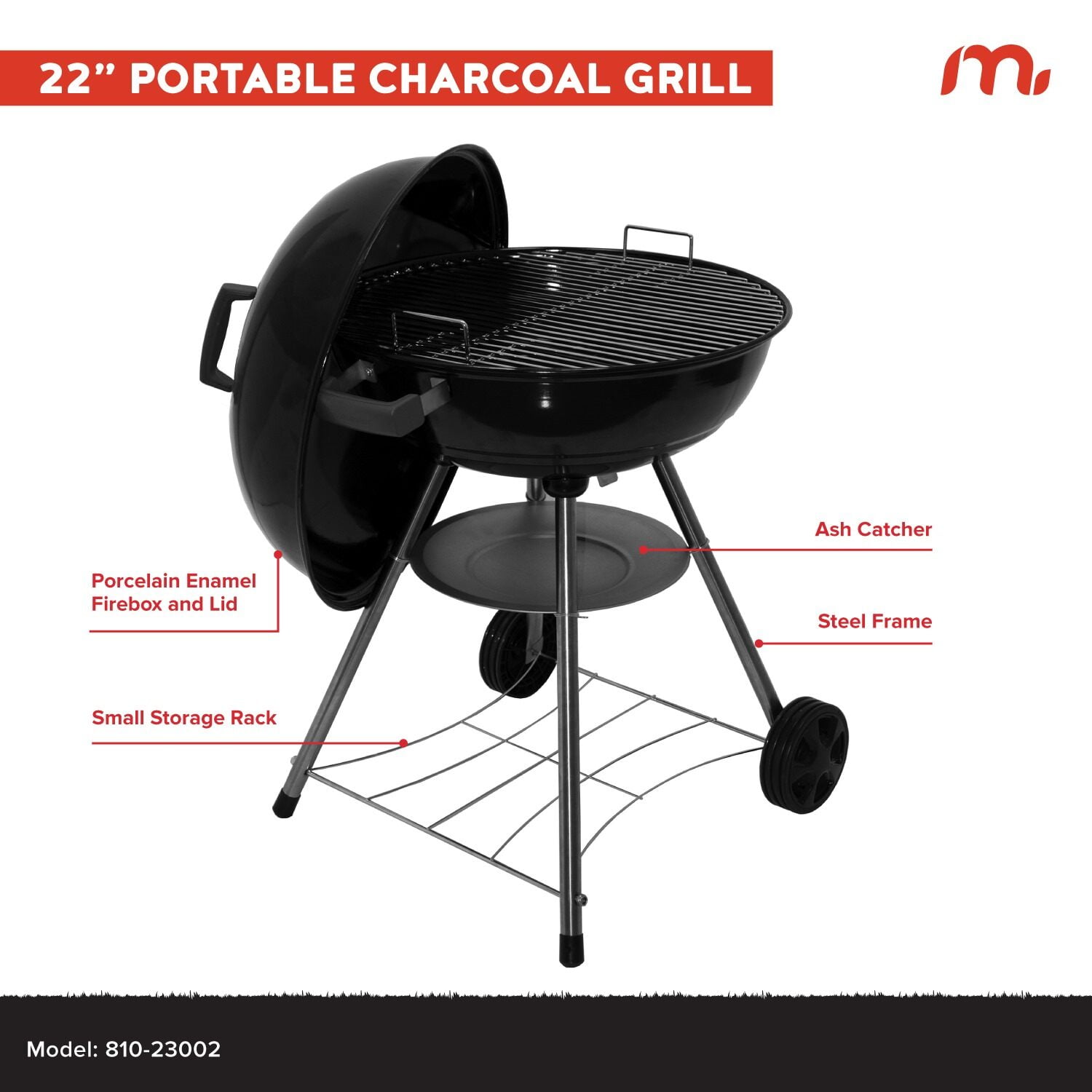 Megamaster – 22" Heavy Duty Charcoal Barbecue Grill with Adjustable Air Vent, 354 SQ. In Cooking Area, Storage Rack, 2 Wheeled Portable Grill for Camping, Outdoor Cooking, and More - 810-23002