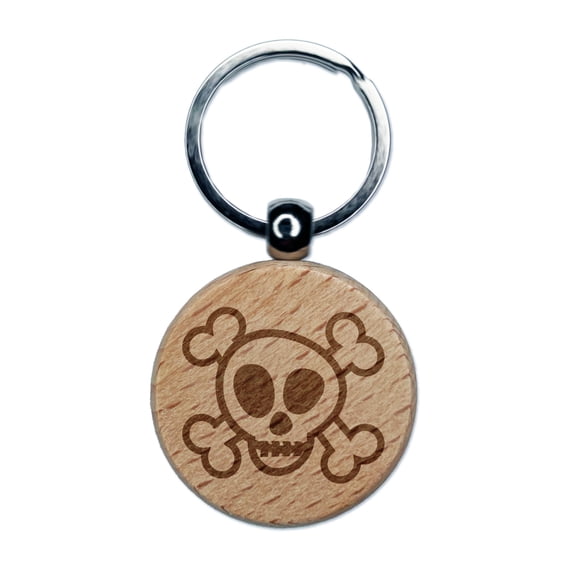 Skull and Crossbones Doodle Round Keychain Charm Tag - Engraved Wood