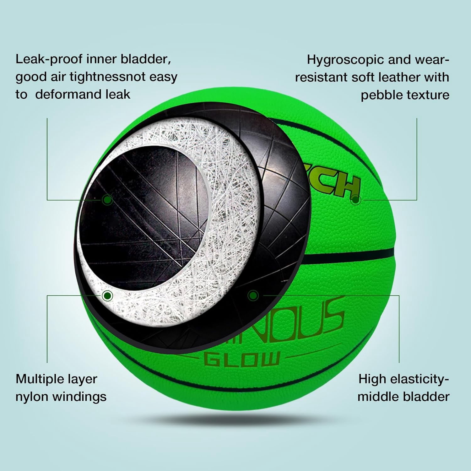 Basketball Glow in The Dark, Cool Glowing Luminous Leather Basketball Indoor Outdoor Size 7/6/5 for Men, Women, Teenager (with Pump)