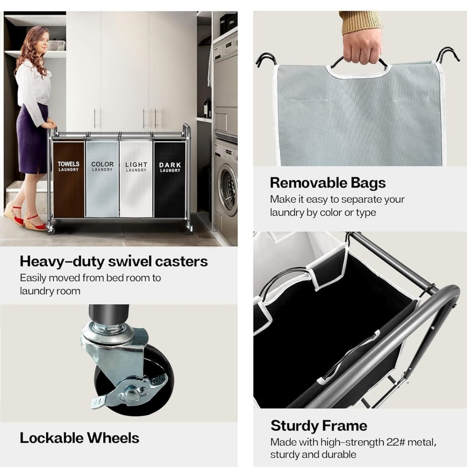 Laundry Hamper Sorter Cart: 4-Section Organizer with Heavy-Duty Lockable Wheels and Removable Bags | 172L Rolling Laundry Basket for Dirty Clothes in Laundry Room or Small Spaces (Multicolor)