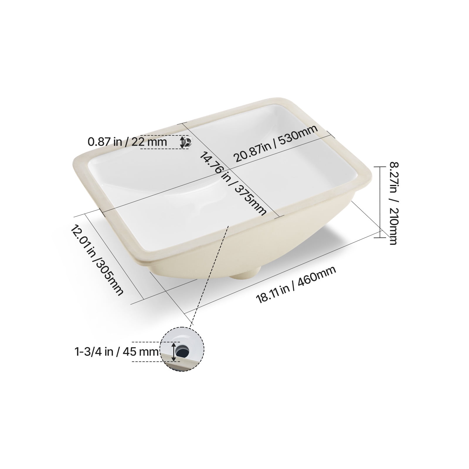 KFFKFF Rectangular Undermount Bathroom Sink, 20.87 x 14.76 Inch White Ceramic Basin with Overflow, Modern Under-Counter Vanity Sink for Compact Spaces