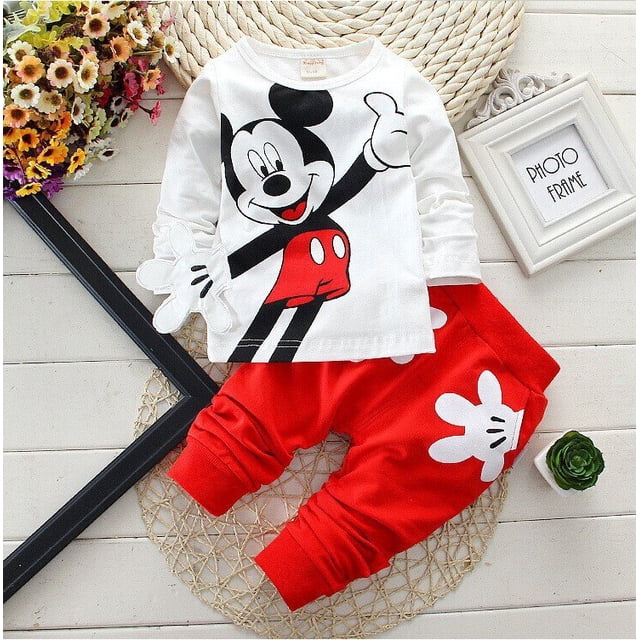 Conjuntos de ropa de dibujos animados de Mickey Mouse y Minnie para bebés y niñas, camiseta de manga larga de algodón para niños, pantalones, trajes, ropa para niños 3T Gao Jinjia LED