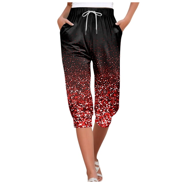 2DXuixsh Ensembles de Pantalons pour Femmes Mode Décontractée Ample Imprimé Lacets Taille Haute Poche Jogging Pantalons Capri pour Femmes Rouge Taille P