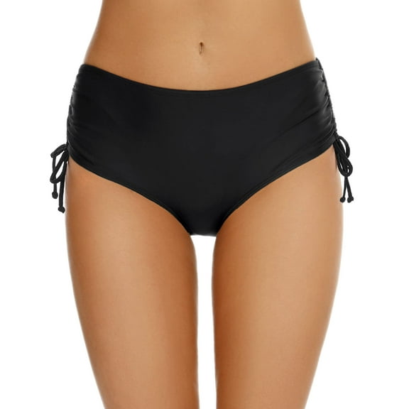 Womens High Cut Bikini Bottom Mid Waisted Swim Shorts Tummy Control Tankini Bottoms for Women Adjustable Side Tie Swimwear Brief Cheeky