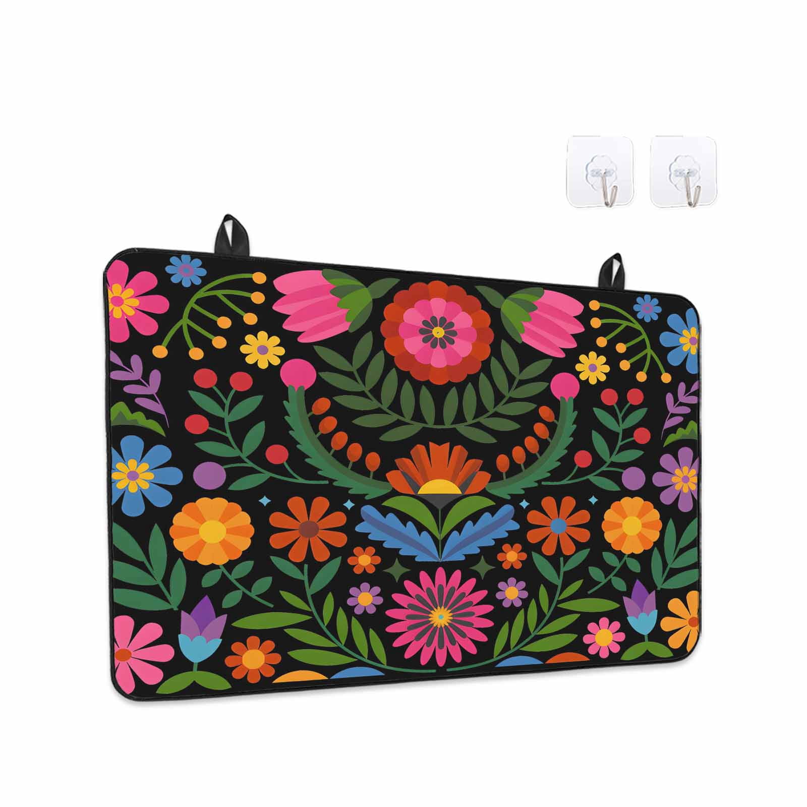 Bohemian Stove Top Cover for Electric Stove, Heat-proof & Non Slip Glass Top Stove Cover Protector, Red Green Tribal Mexican Abstract Flower Kitchen Flat Cooktop Rubber Mat 24x21 Inches