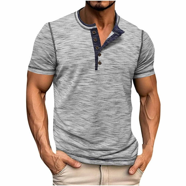 pstuiky camisetas de hombre, Camisa de manga corta con cuello redondo y botones de color liso para hombre camisas casuales para hombre xl