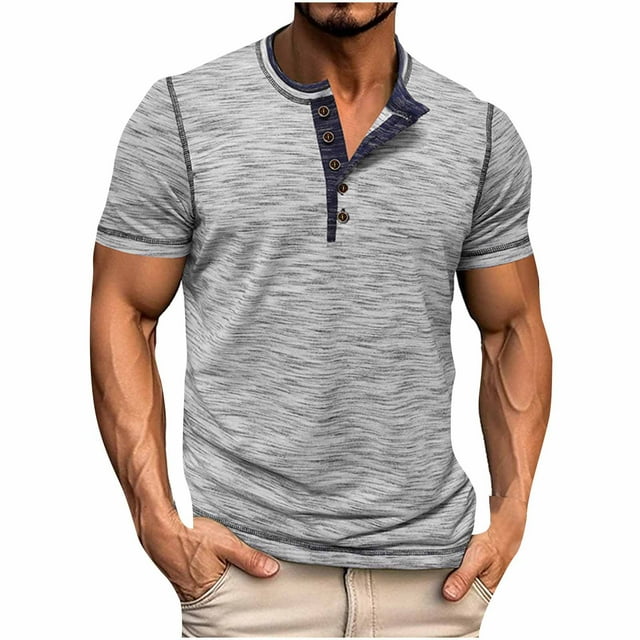 pstuiky camiseta de hombre, Camisa de manga corta con cuello redondo y botones de color liso para hombre camisas casuales para hombre xxxl
