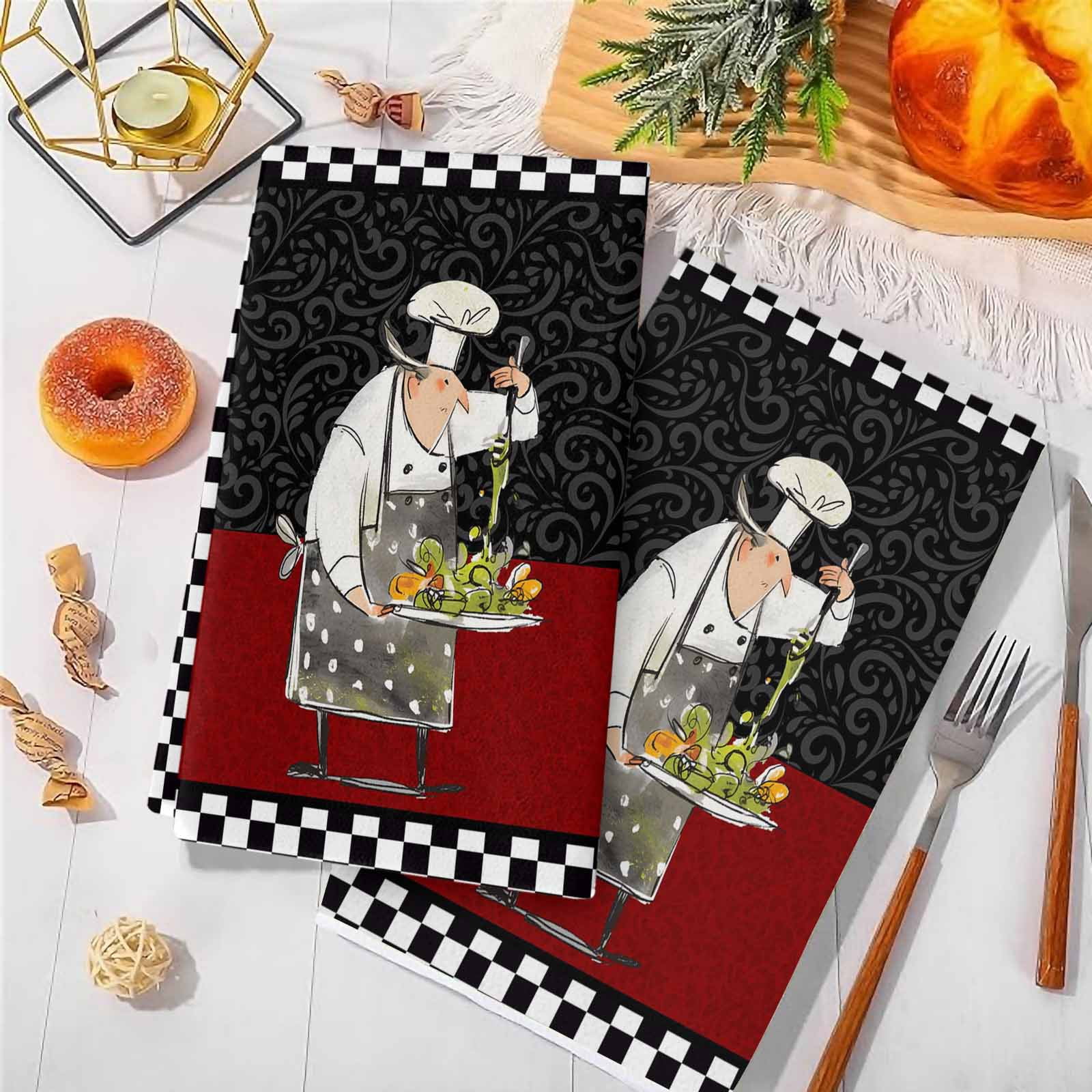 Dish Towels, Cooks Kitchens Absorbent Kitchen Towels 2 PCS, Funny Chef Black Buffalo Plaid Microfiber Hand Towels Dish Cloths Tea Towels for Home&nbsp;Bathroom Cleaning Drying,18X28-Inch,