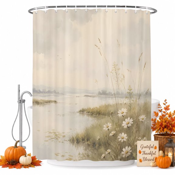 Rustic River Shower Curtain, Waterproof Shower Curtains for Bathroom, Retro Country Daisy Wildflowers Pastoral Plants Washable Fabric Bathtub Curtain Set Bath Decor with 12 Hooks Long 72"x84"