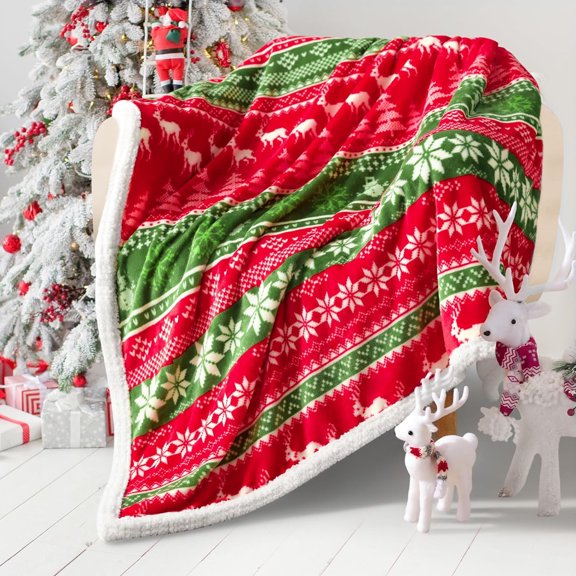 Red Sherpa Christmas Throw Blanket, Fuzzy Fluffy Soft Cozy Blanket, Fleece Flannel Plush Microfiber Blanket for Couch Bed Sofa (50" X 60", Red and Green Reindeer)