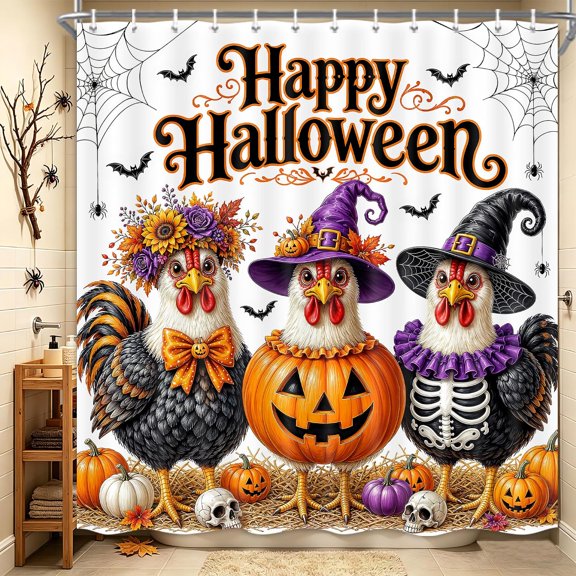 Halloween Chicken Shower Curtain Spooky Farmhouse Bathroom Decor With Pumpkin And Witch Hat 71x71 Inches