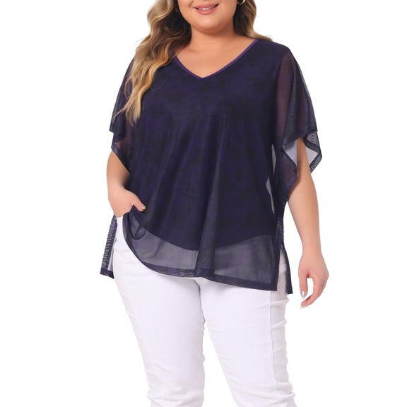 Agnes Orinda Plus Size Blouse for Women Floral Pattern Batwing Sleeve Beach Cover Loose Tunic Shirt Tops 2X Purple