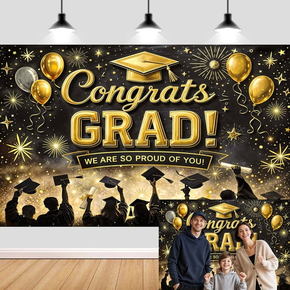 Congrats Grad Graduation Backdrop 8x6ft, Black and Gold Graduation Party Decoration Backdrop, Class of 2026 Photography Background, We Are So Proud of You Photo Booth Prop for Graduation Ceremony