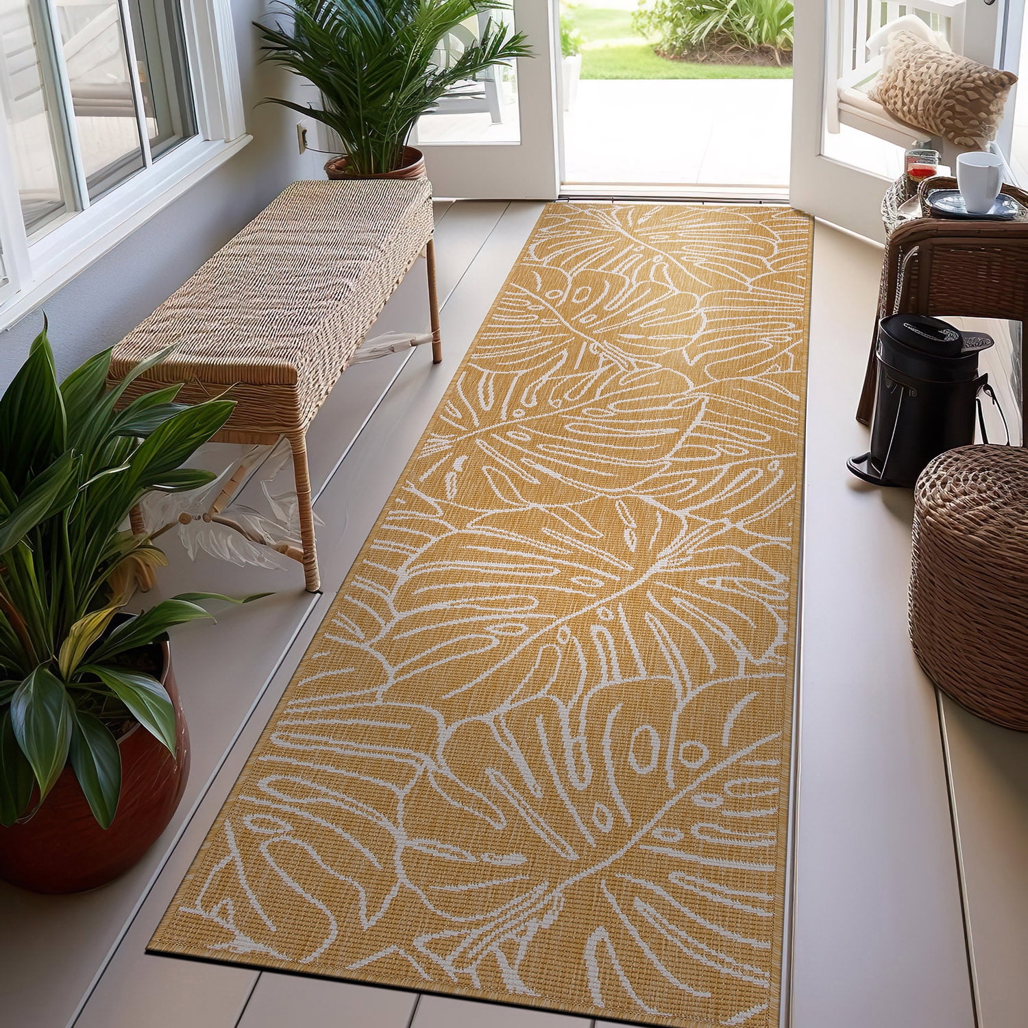 World Rug Gallery Contemporary Tropical Leaves Weather Resistant Reversible Indoor/Outdoor Area Rug - Yellow 2'x7'