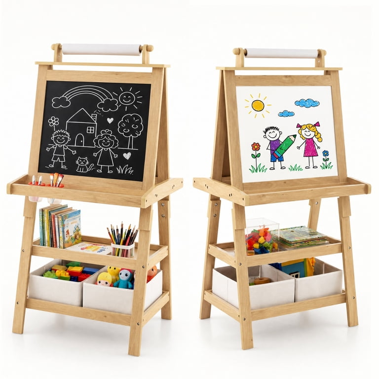 Costway Kids Art Easel Double-Sided With Storage, Pink photo 1