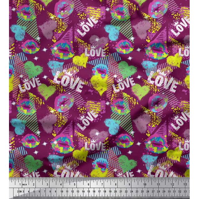 Soimoi Pink Cotton Poplin Fabric Text,Lips & Heart Print Fabric by Yard 42 Inch Wide