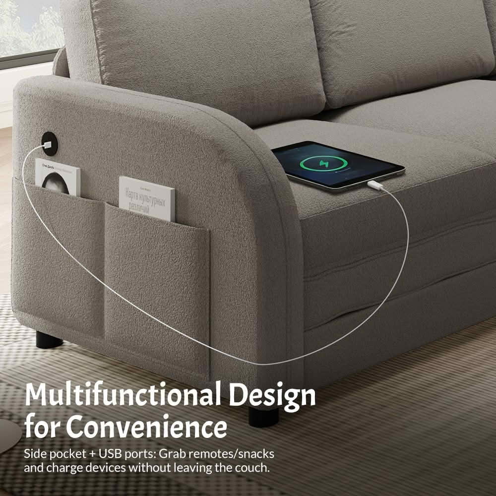 MAYEERTY 85.1" L‑Shaped Convertible Sleeper Sofa Bed, Sherpa Fleece Sectional Couch with Pull‑Out Bed, Side Pocket and USB Port