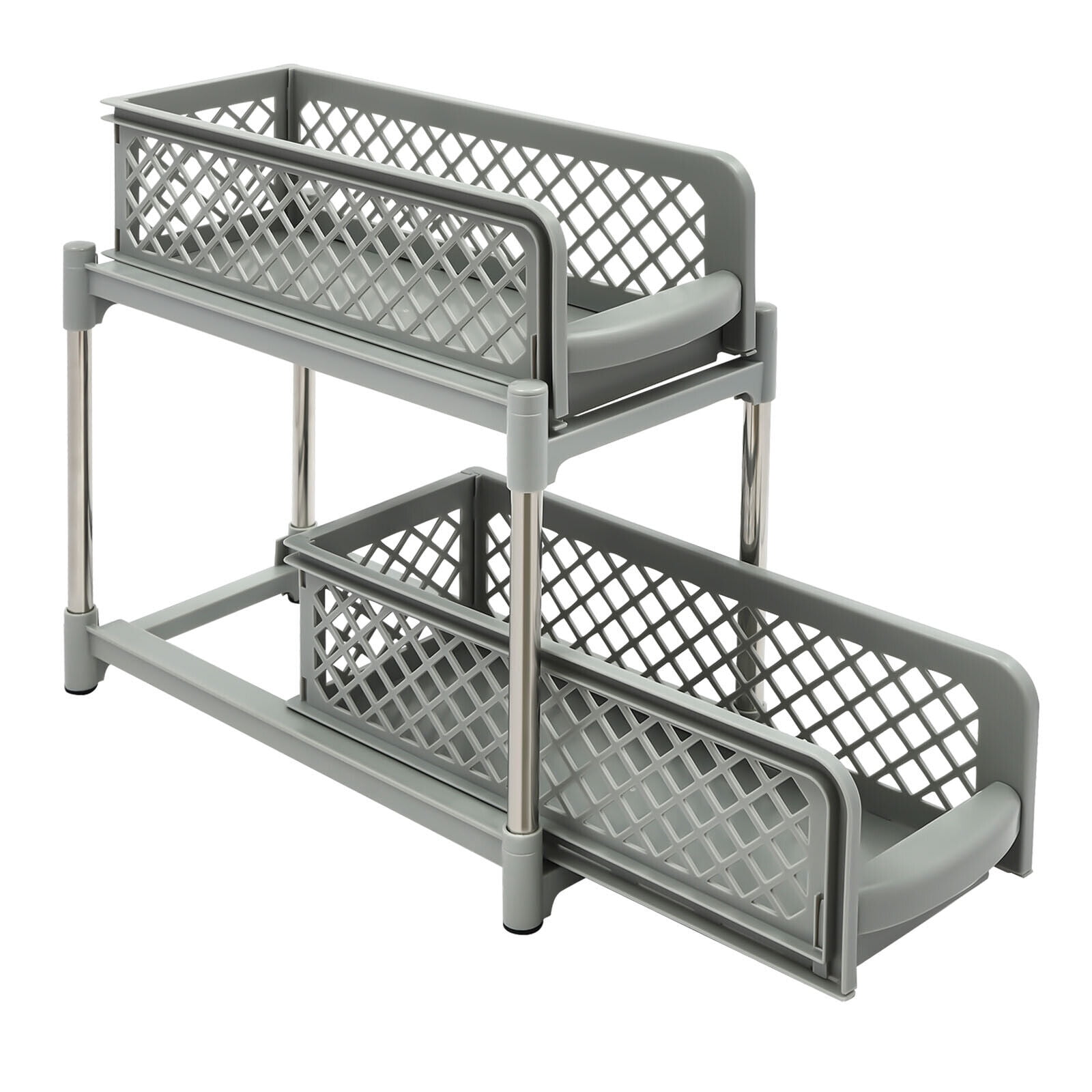 2-Tier Under Sink Organizer with Pull Out Sliding Storage Drawer for Home Bathroom Kitchen White/Grey 14.57in
