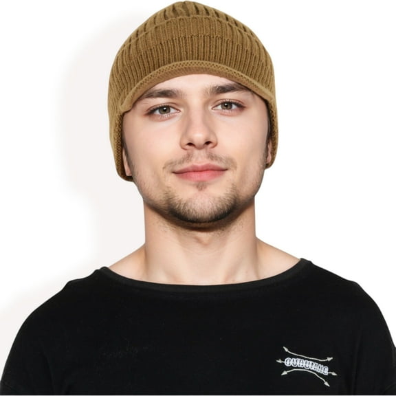Men's Ribbed Knit Baseball Cap with Ear Flap Coverage for Winter Warmth and Style-Khaki