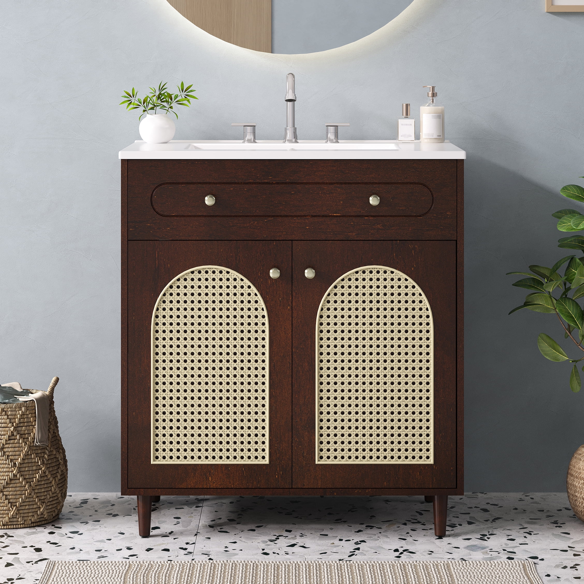 Harper & Bright Designs 30" Rattan Bathroom Vanity with Sink, Single Sink Bathroom Vanity with Tip-Out Drawe and Adjustable Shelf, Freestanding Bathroom Storage Cabinet with Ceramic Basin, Walnut