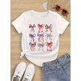 thumbnail image 1 of Patriotic American Flag Bowknot Print Cotton Youngsters T-Shirt - Soft Short Sleeve Crew Neck Tee with Red White Blue Bows, Machine Washable for Independence Day & Casual Wear, American Flag Clothes, 1 of 6